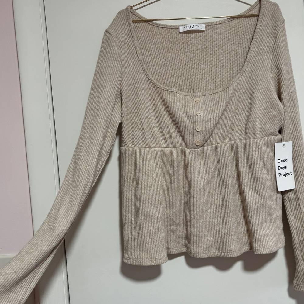 Beige Ribbed Women's Top long sleeve babydoll tee fairy boho loungewear